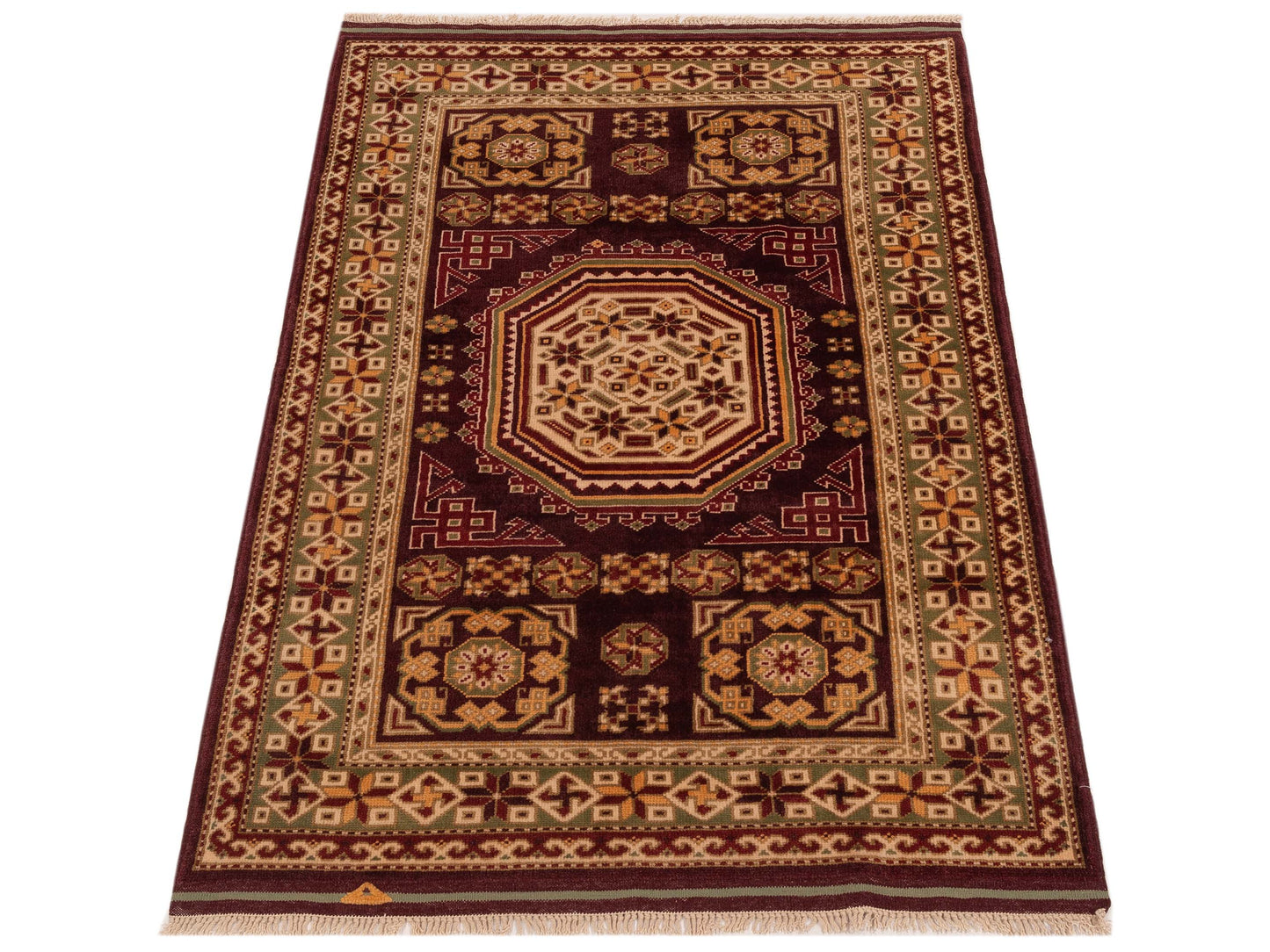 Turkish Shirwan 148354 Burgundy Green 3.10x5.8 Hand Knotted Rug
