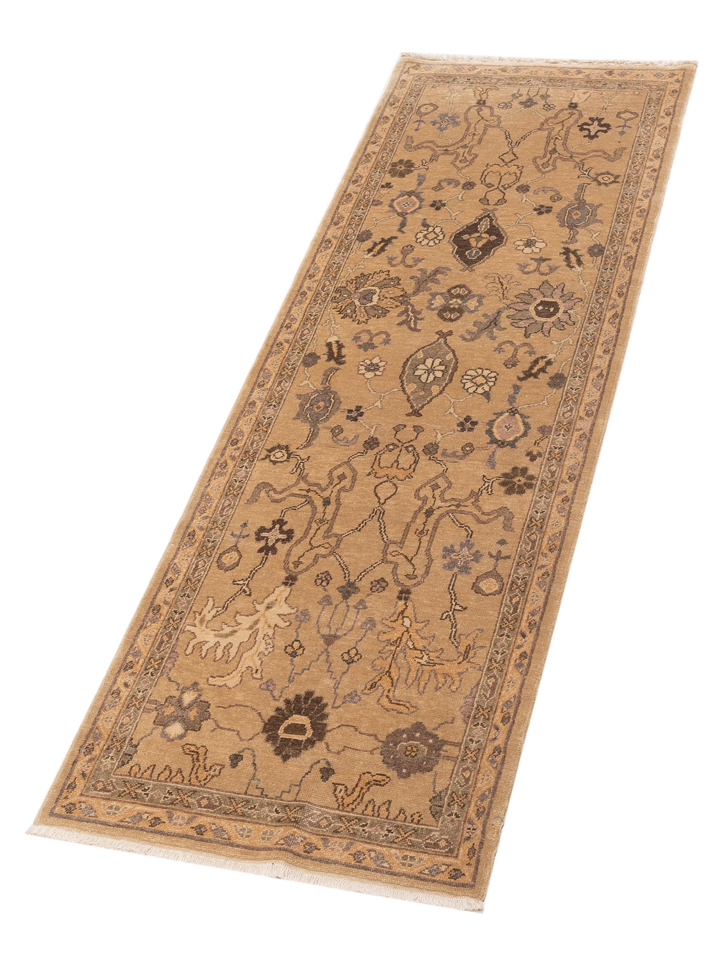 Turkish Elvan Gufte Light Brown Gold 2.11x8.11 Hand Knotted Rug