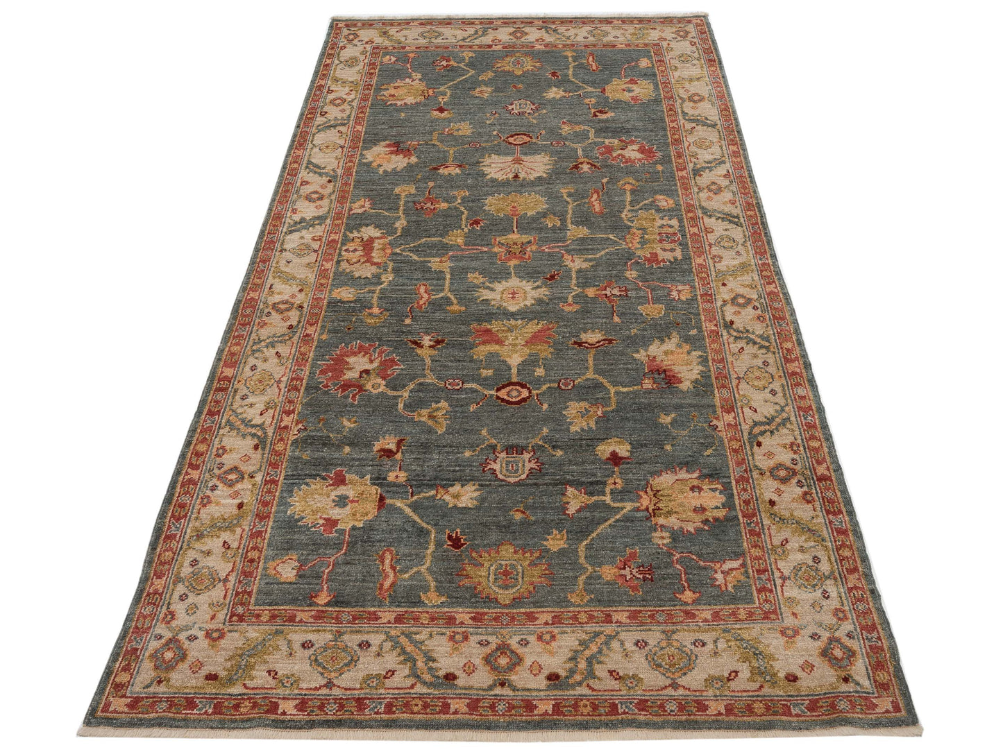 Angora Oushak 130142 Teal Blue Ivory 6x11.8 Hand Knotted Rug