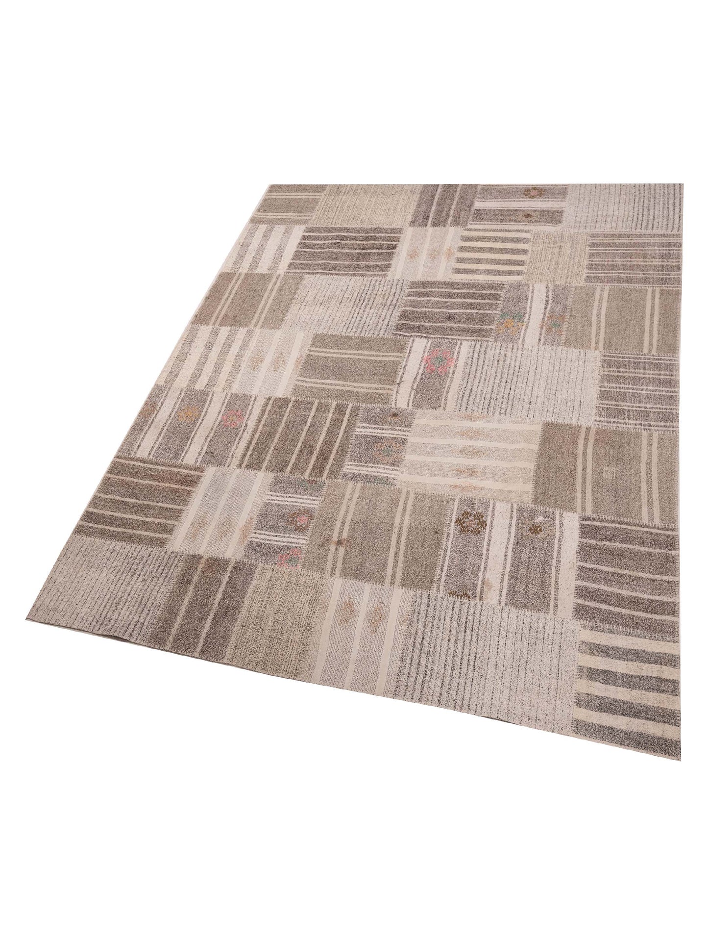 Turkish Vestige Patchwork 114931 Ivory Brown 8.3x11.6 Hand Knotted Rug
