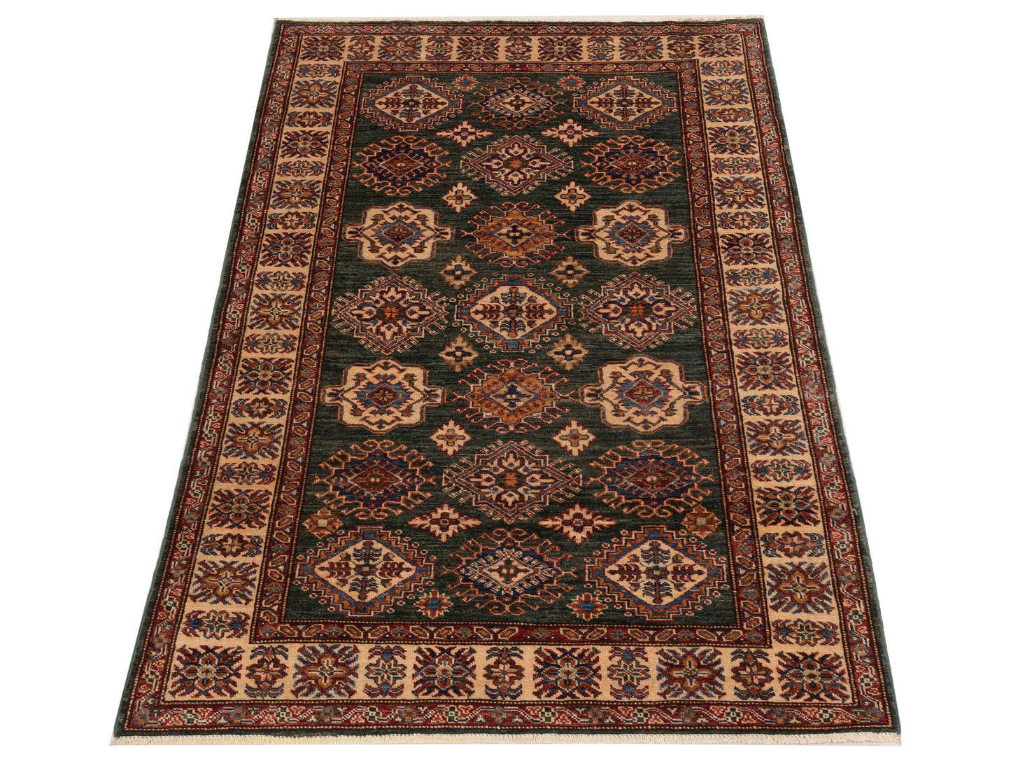 Artisan Kazak 148910 Green Ivory 4x5.10 Hand Knotted Rug