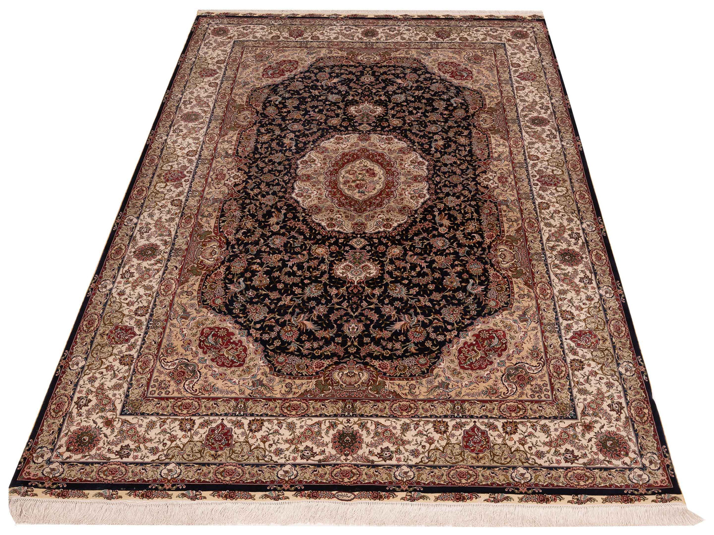 Pure Silk 125295 Navy Ivory 6.1x9.2 Hand Knotted Rug