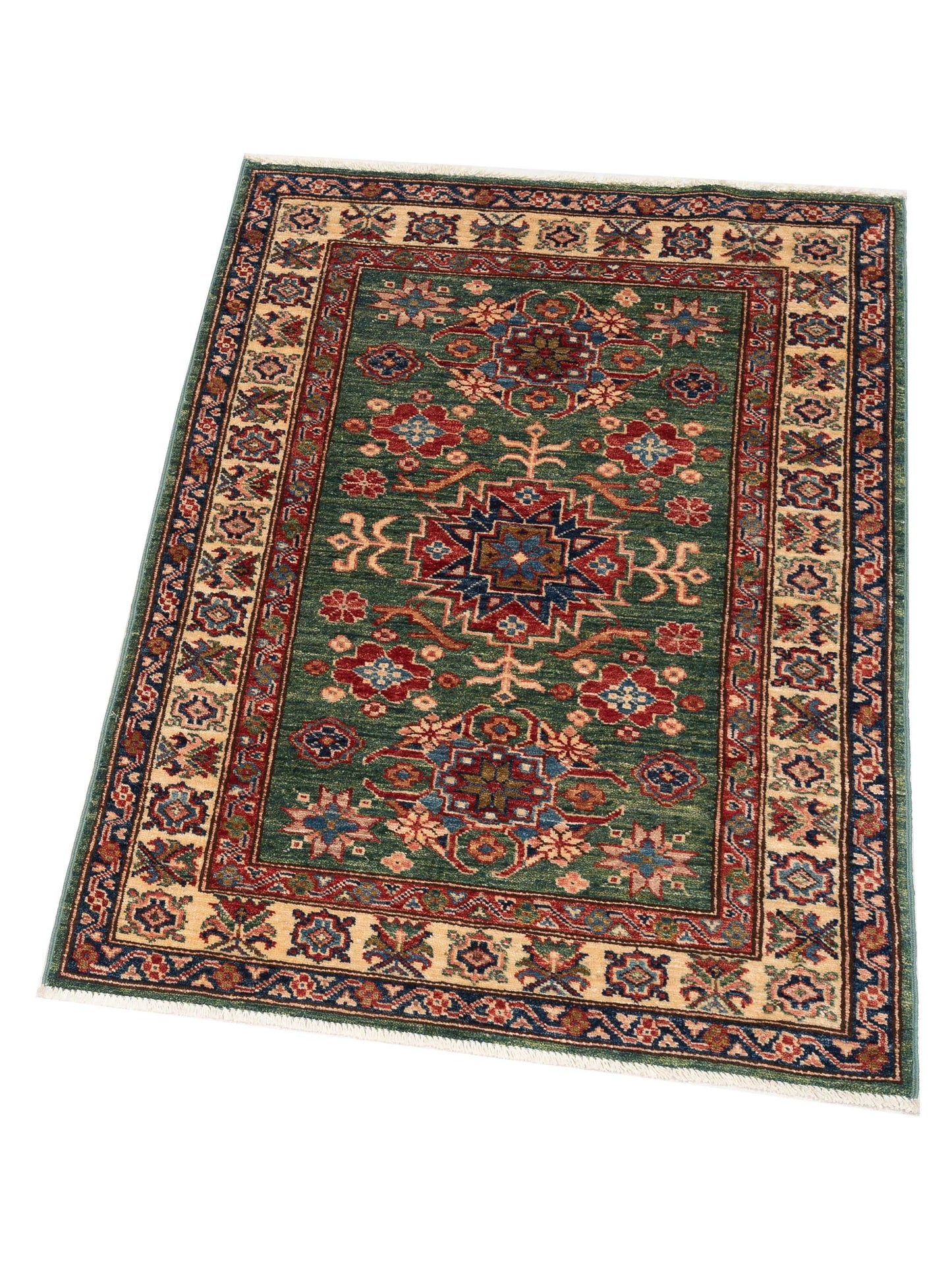 Artisan Kazak 148922 Green Ivory 2.10x3.11 Hand Knotted Rug