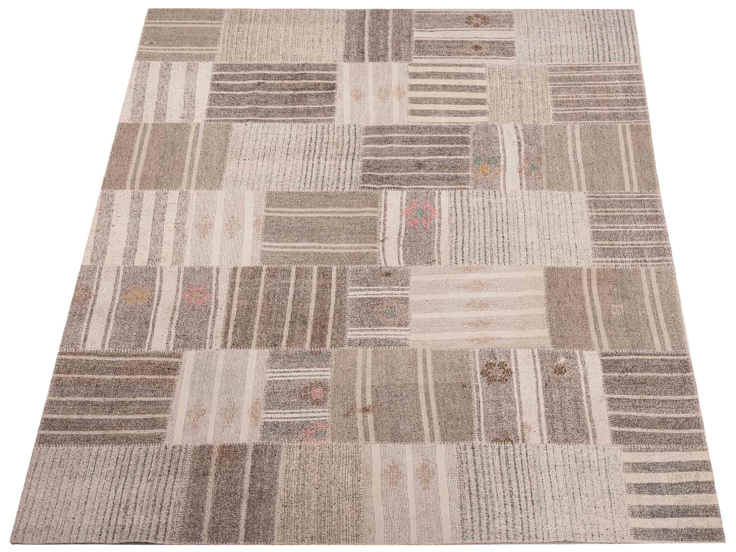 Turkish Vestige Patchwork 114931 Ivory Brown 8.3x11.6 Hand Knotted Rug