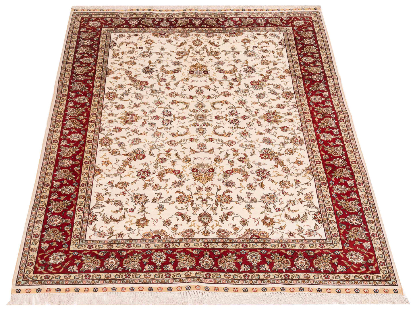Pure Silk 111686 Ivory Red 4.6x6.7 Hand Knotted Rug