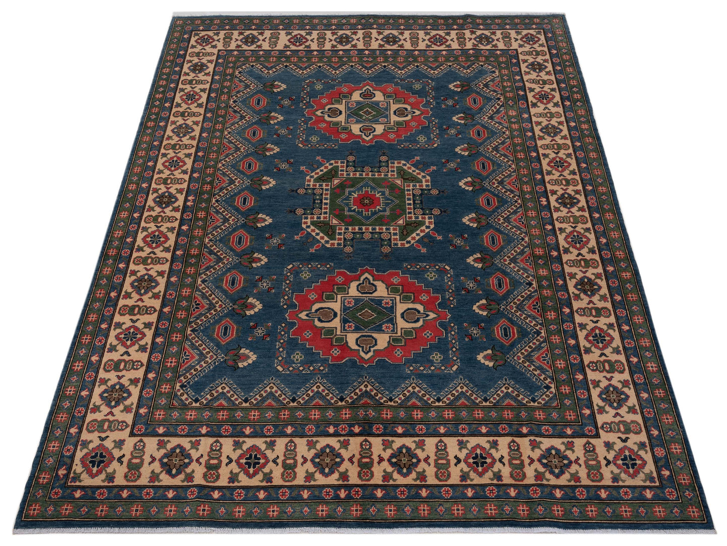 Kazak 148808 Blue Ivory 7.10x10.1 Hand Knotted Rug