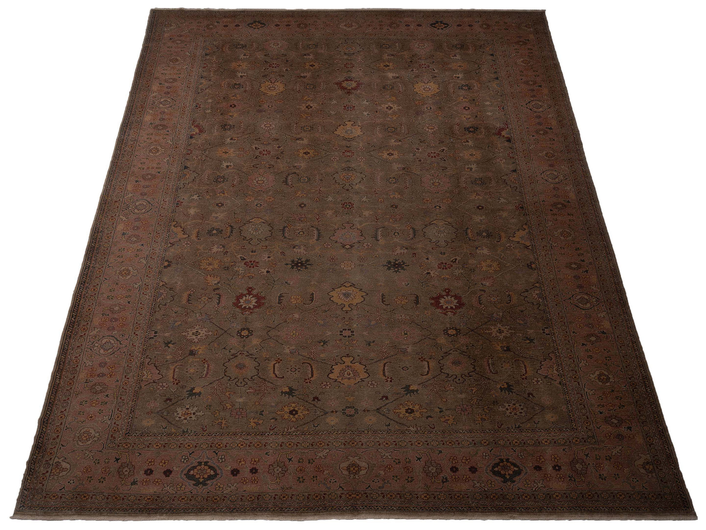 Turkish Elvan Maile Green Pink 12x17.4 Hand Knotted Rug