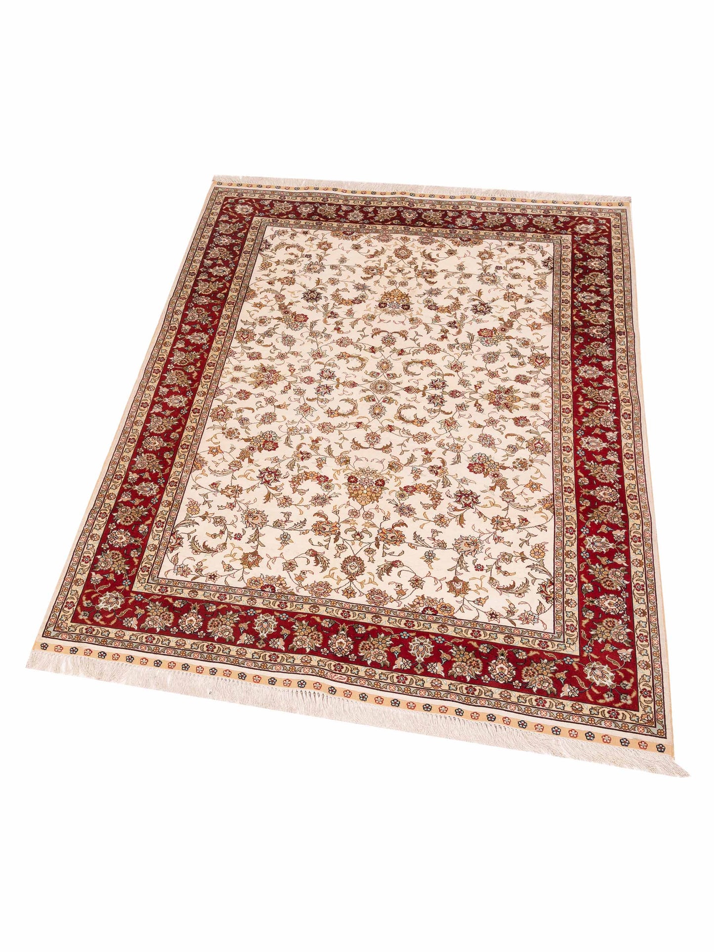 Pure Silk 111686 Ivory Red 4.6x6.7 Hand Knotted Rug