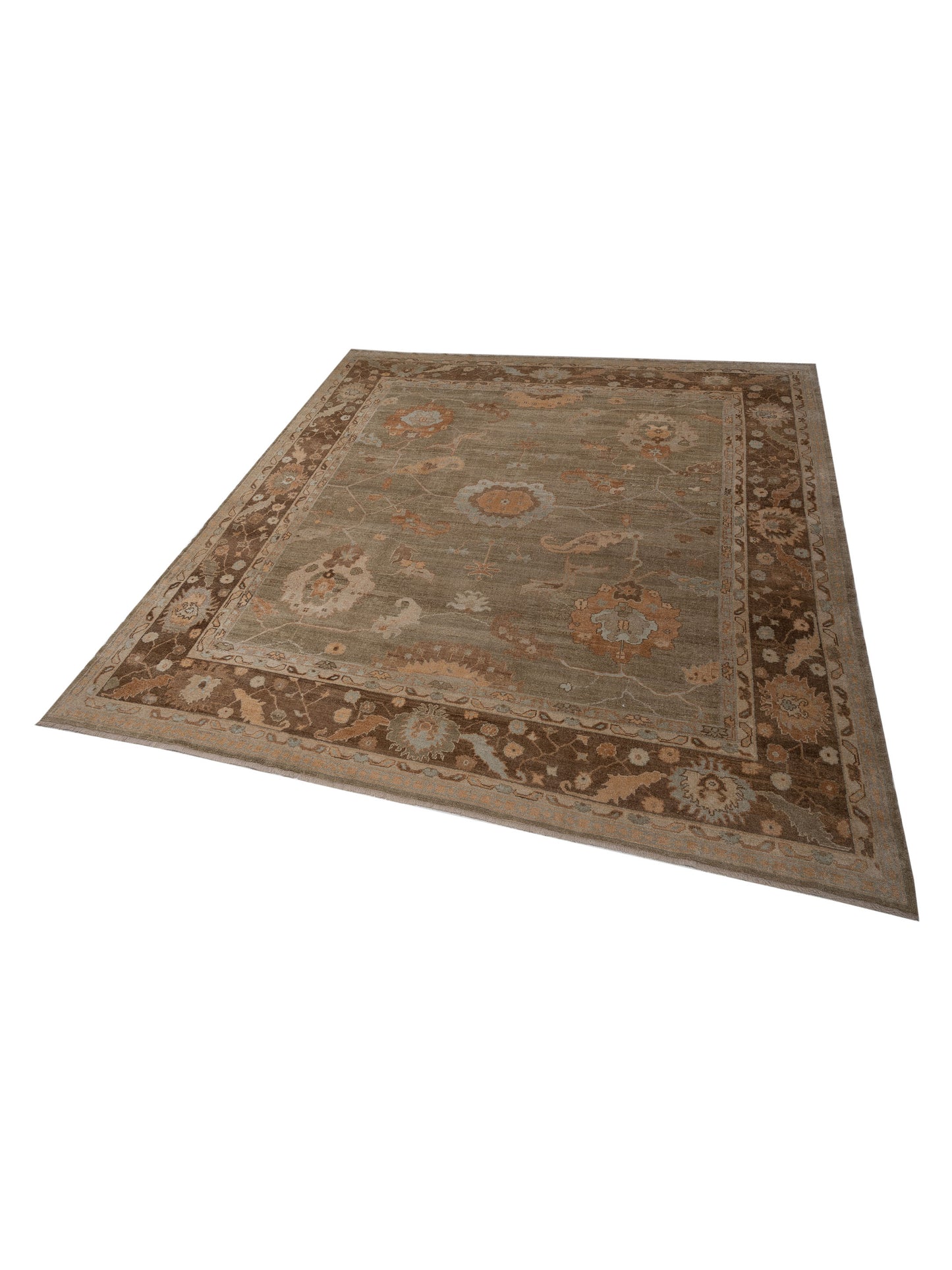 Angora Oushak 118135 Green Brown 12.2x13 Hand Knotted Rug