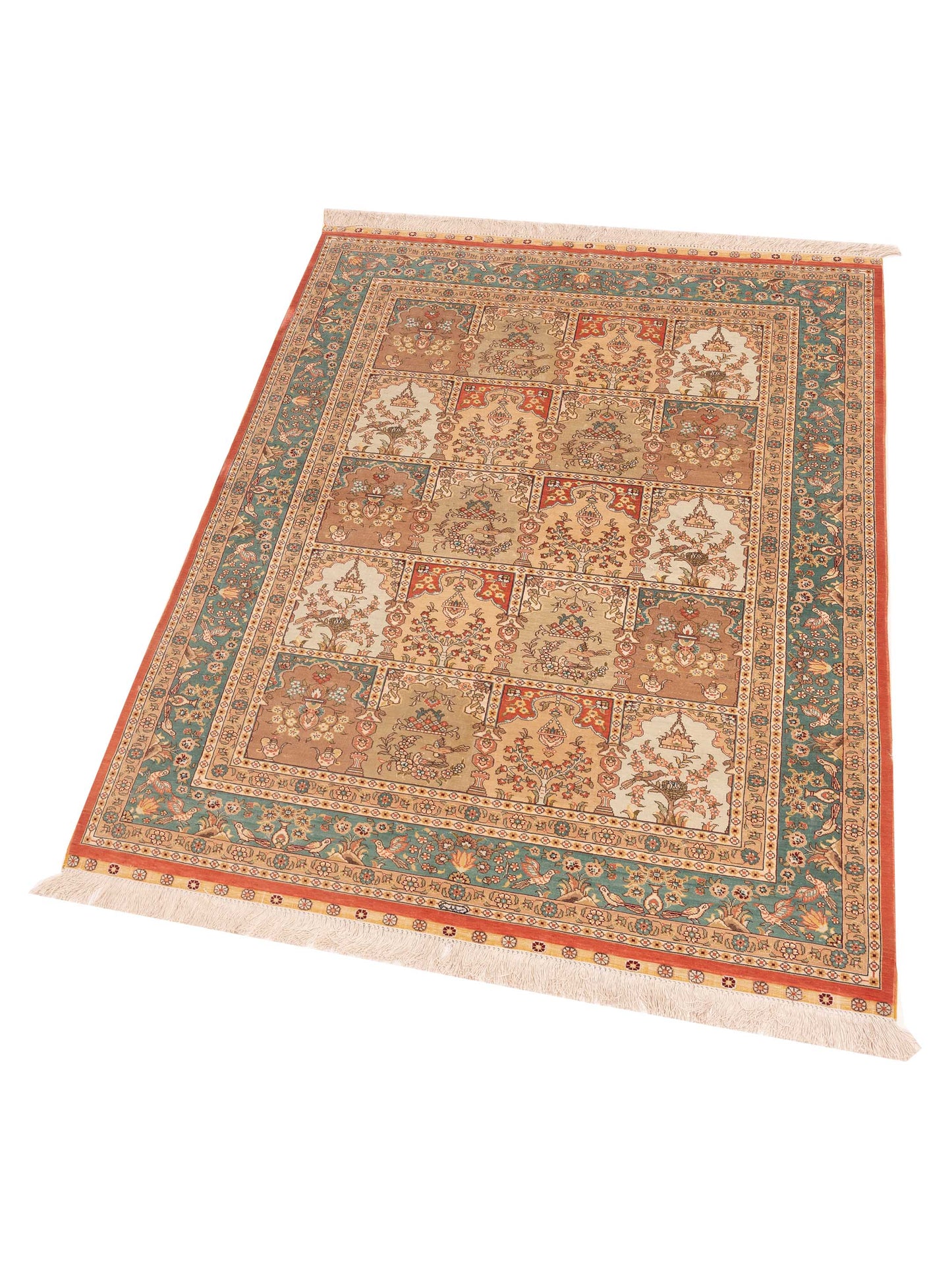 Pure Silk 118098 Beige Blue 4x5.11 Hand Knotted Rug