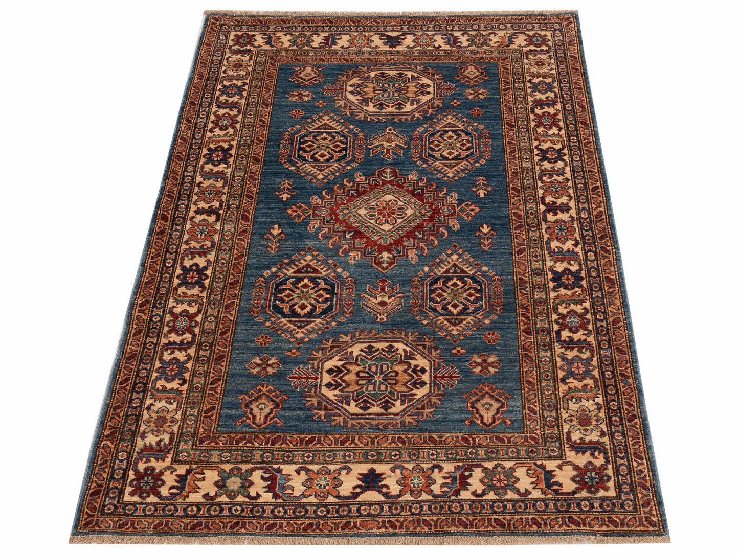Artisan Kazak 148975 Blue Ivory 4.2x5.10 Hand Knotted Rug