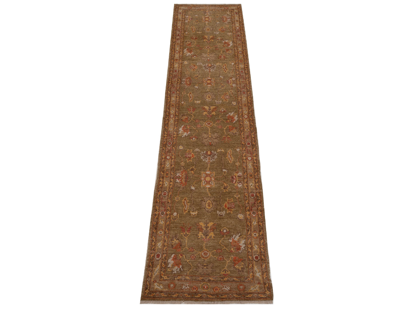 Angora Oushak 108978 Green Light Brown 2.7x12 Hand Knotted Rug