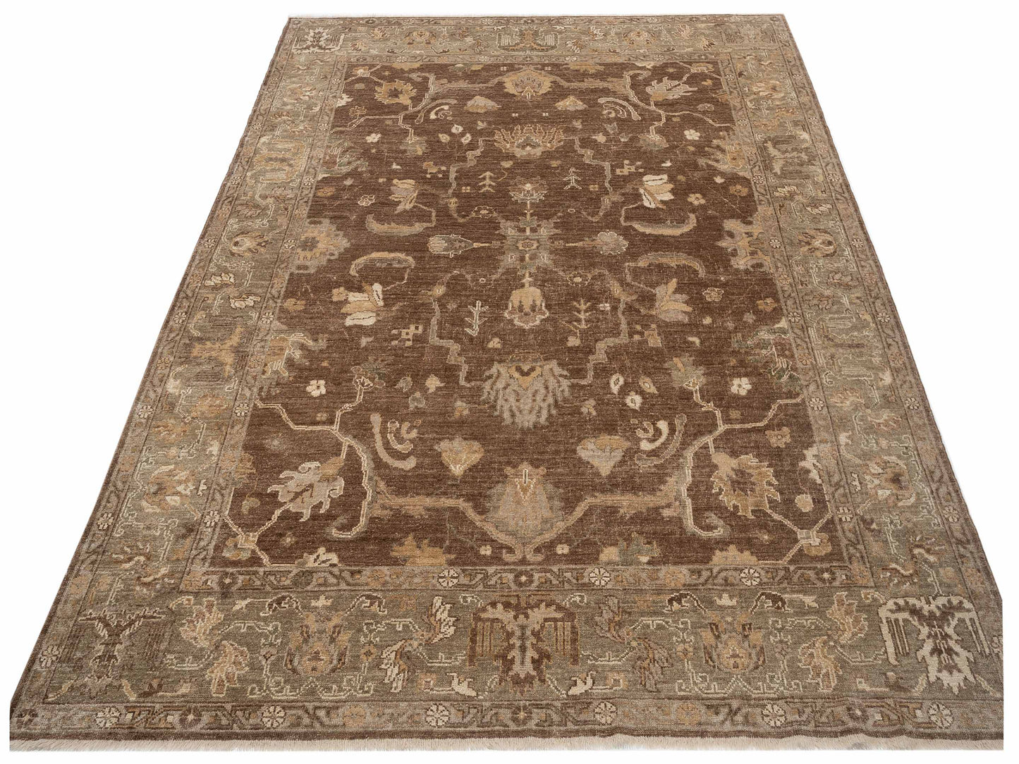 Angora Oushak 129147 Brown Green 9.4x11.4 Hand Knotted Rug