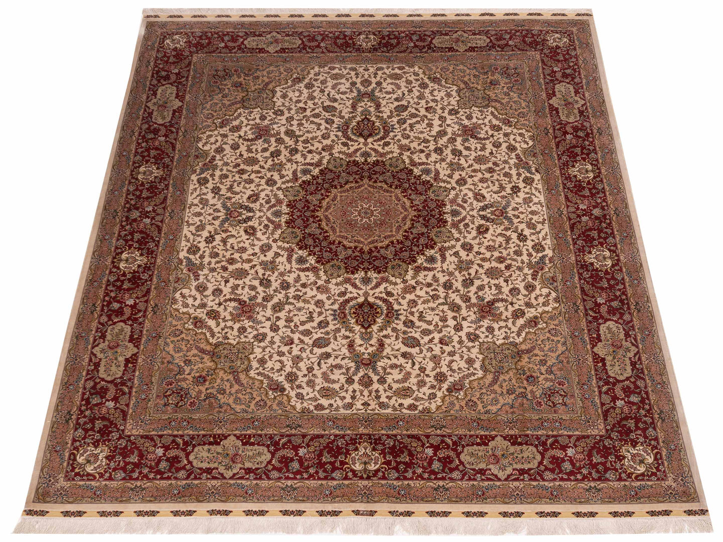 Pure Silk 112968 Ivory Red 8.1x10.2 Hand Knotted Rug