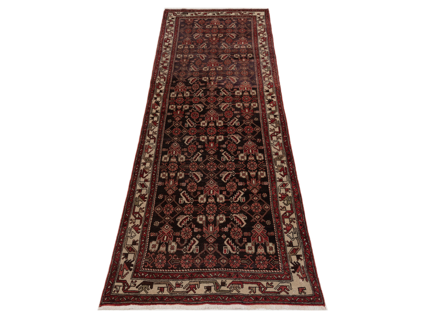 Persian 81183 Brown Red 3.6x10.5 Hand Knotted Rug