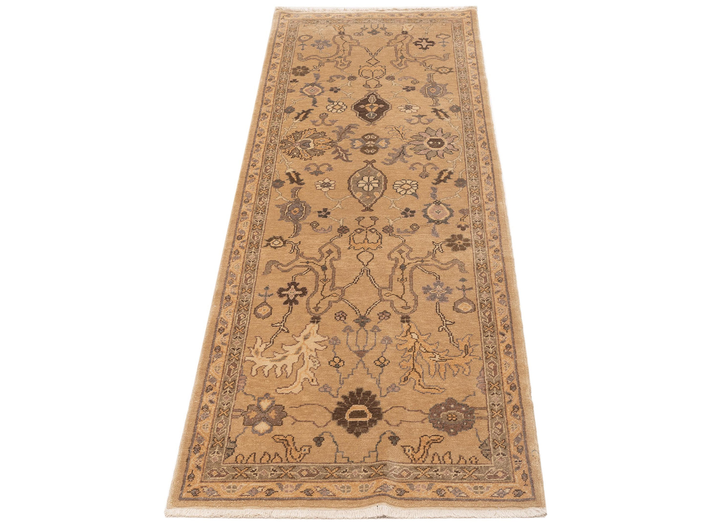 Turkish Elvan Gufte Light Brown Gold 2.11x8.11 Hand Knotted Rug