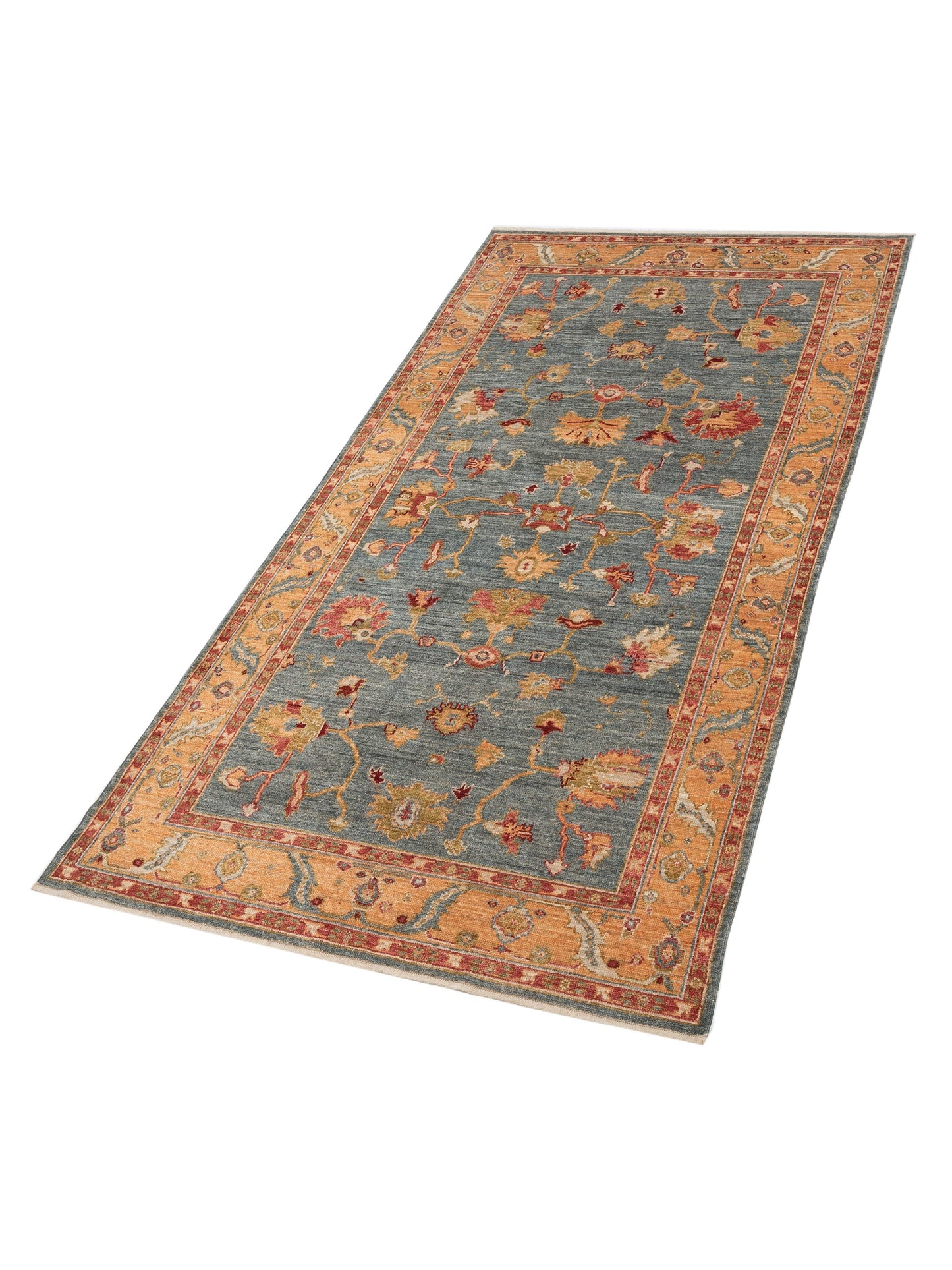 Angora Oushak 134541 Teal Blue Gold 6.3x12 Hand Knotted Rug