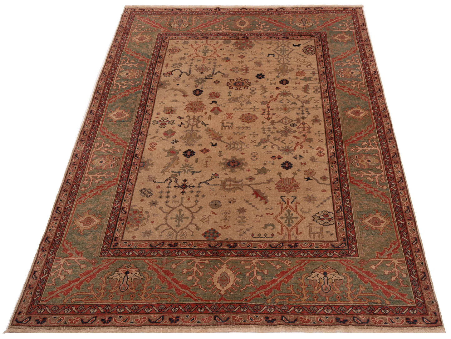 Antique Loom 147388 Ivory Green 6.10x8.6 Hand Knotted Rug