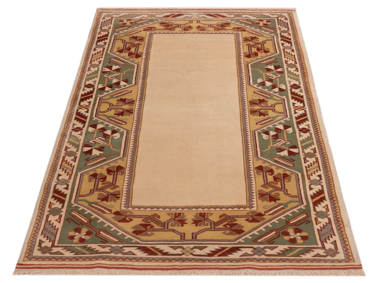Milas 146234 Ivory Green 4x6.11 Hand Knotted Rug