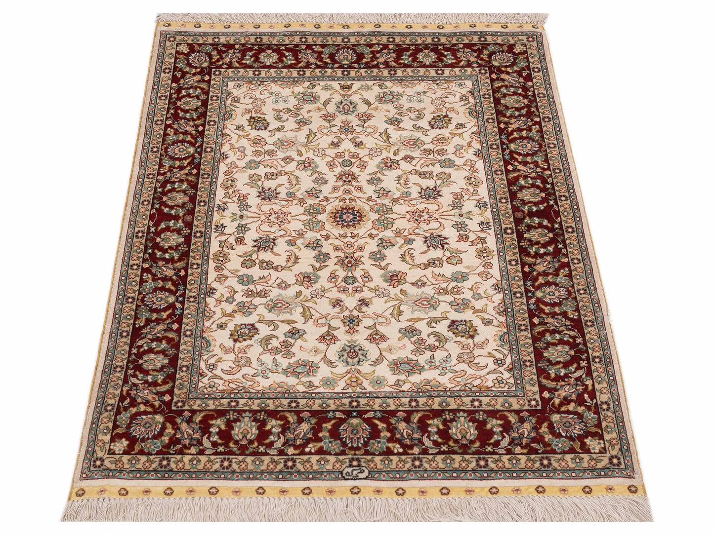 Pure Silk 118105 Ivory Red 2.7x4 Hand Knotted Rug