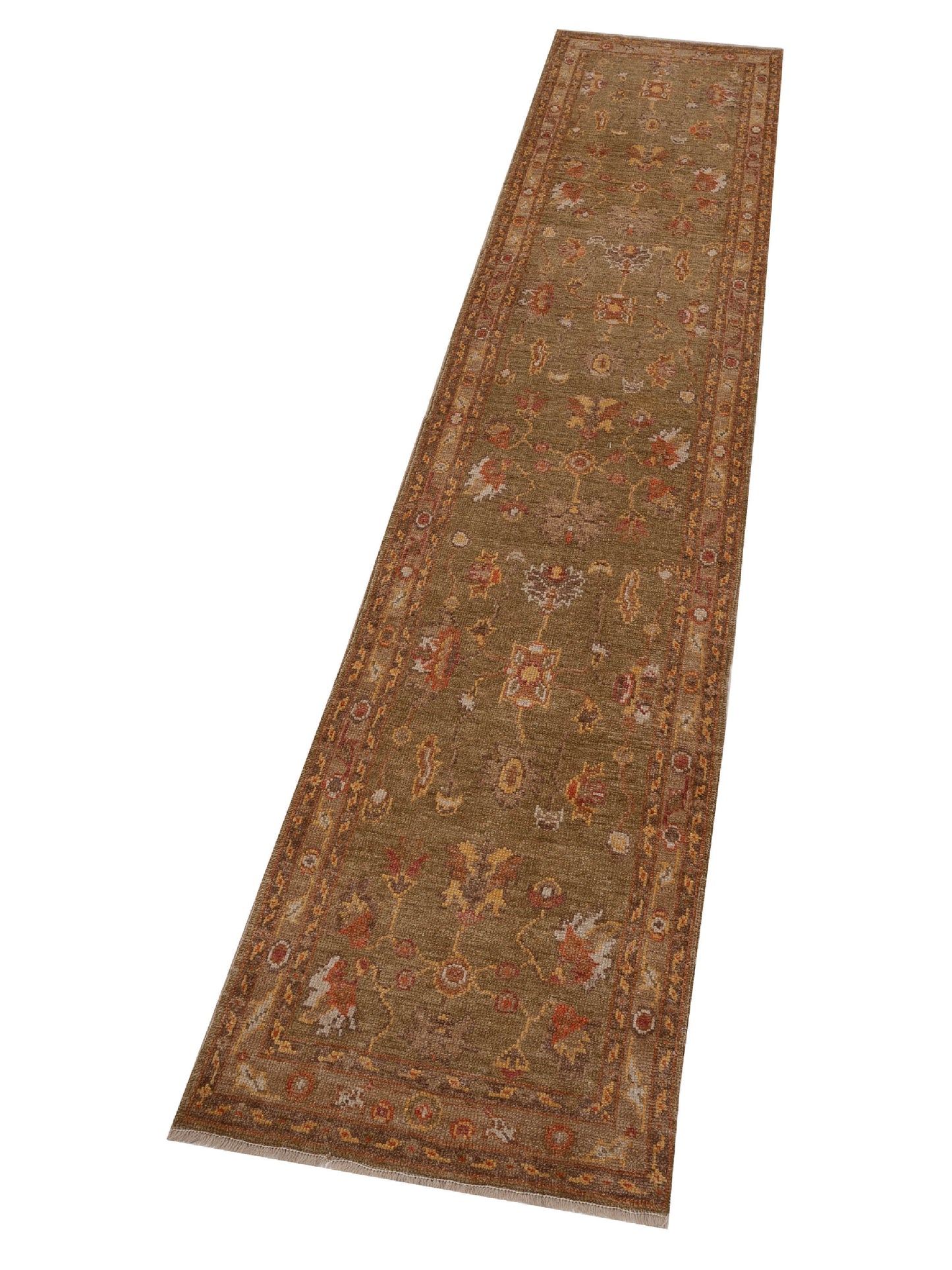 Angora Oushak 108978 Green Light Brown 2.7x12 Hand Knotted Rug