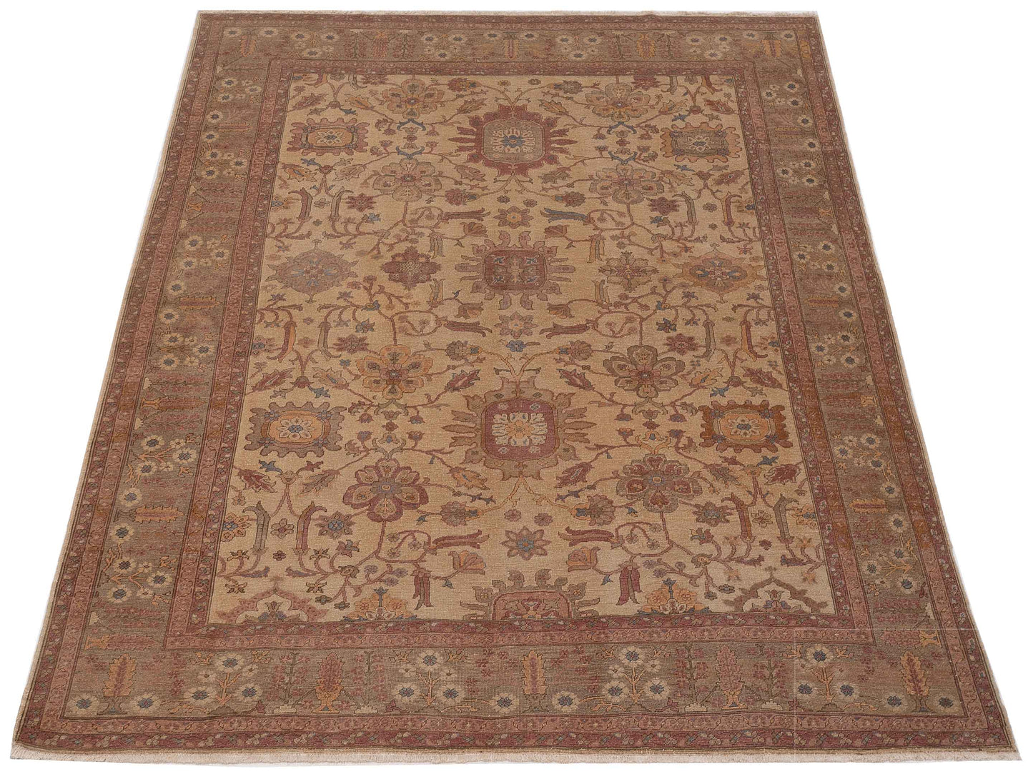 Turkish Elvan 73904 Beige Light Green 9.3x11.2 Hand Knotted Rug