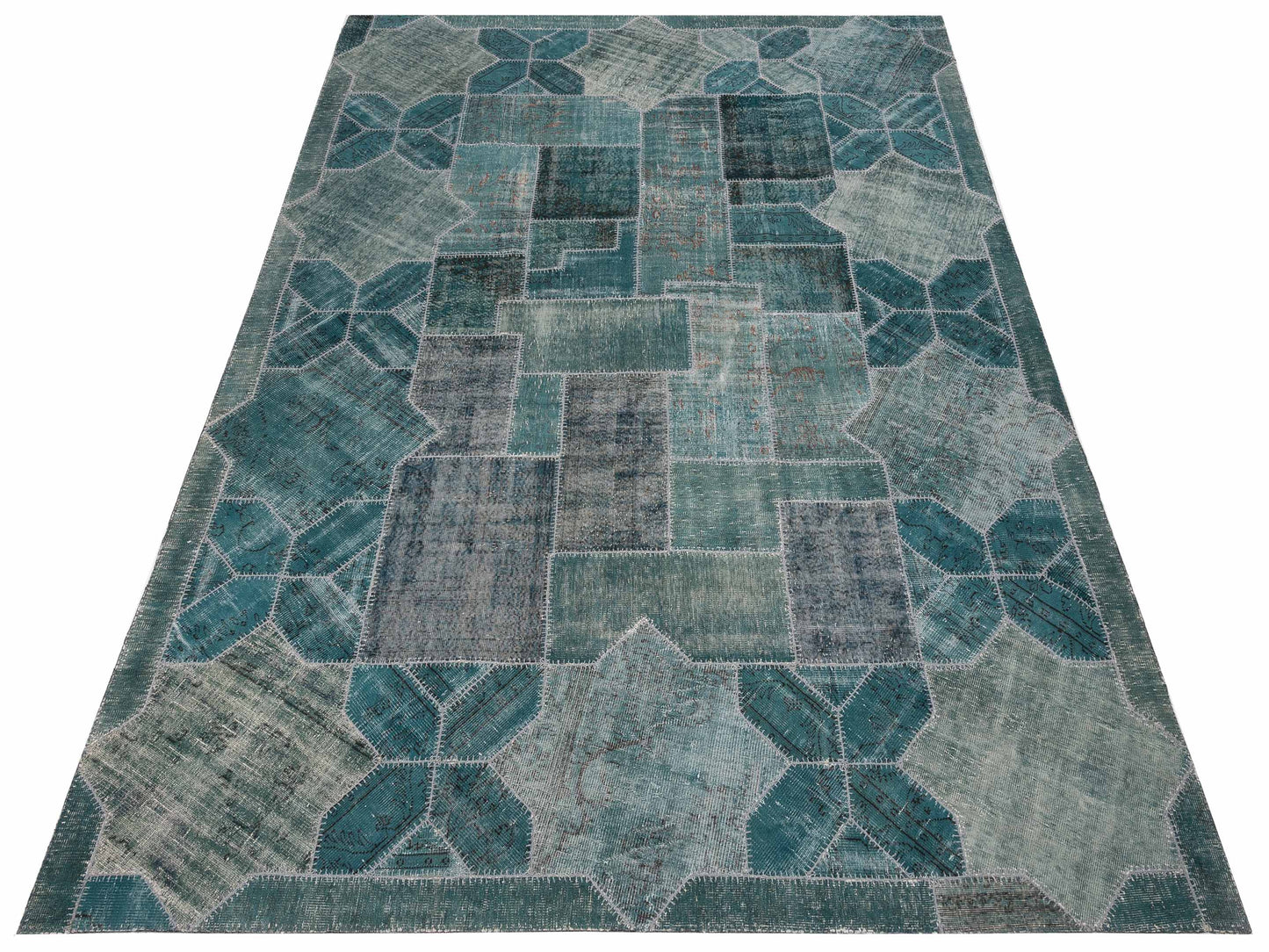 Turkish Vestige Patchwork 108894 Green 10.9x14.9 Hand Knotted Rug