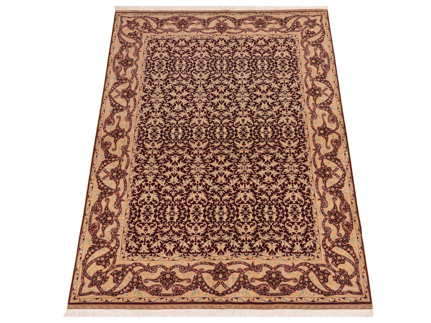 Pure Silk 113774 Red Cream 5.1x7.7 Hand Knotted Rug
