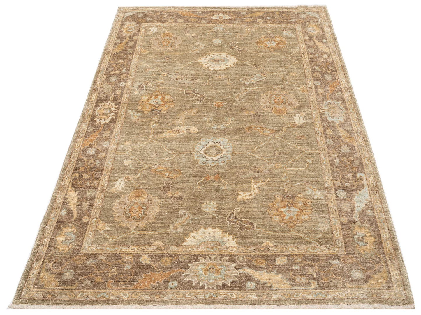 Angora Oushak 129255 Green Brown 6.3x9 Hand Knotted Rug