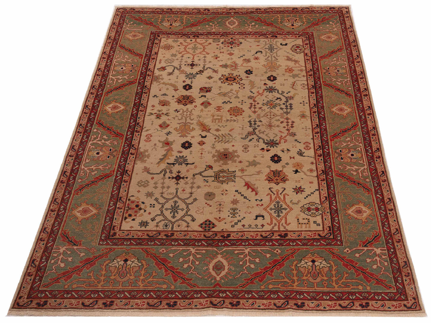 Antique Loom 147369 Ivory Green 6.8x8.4 Hand Knotted Rug