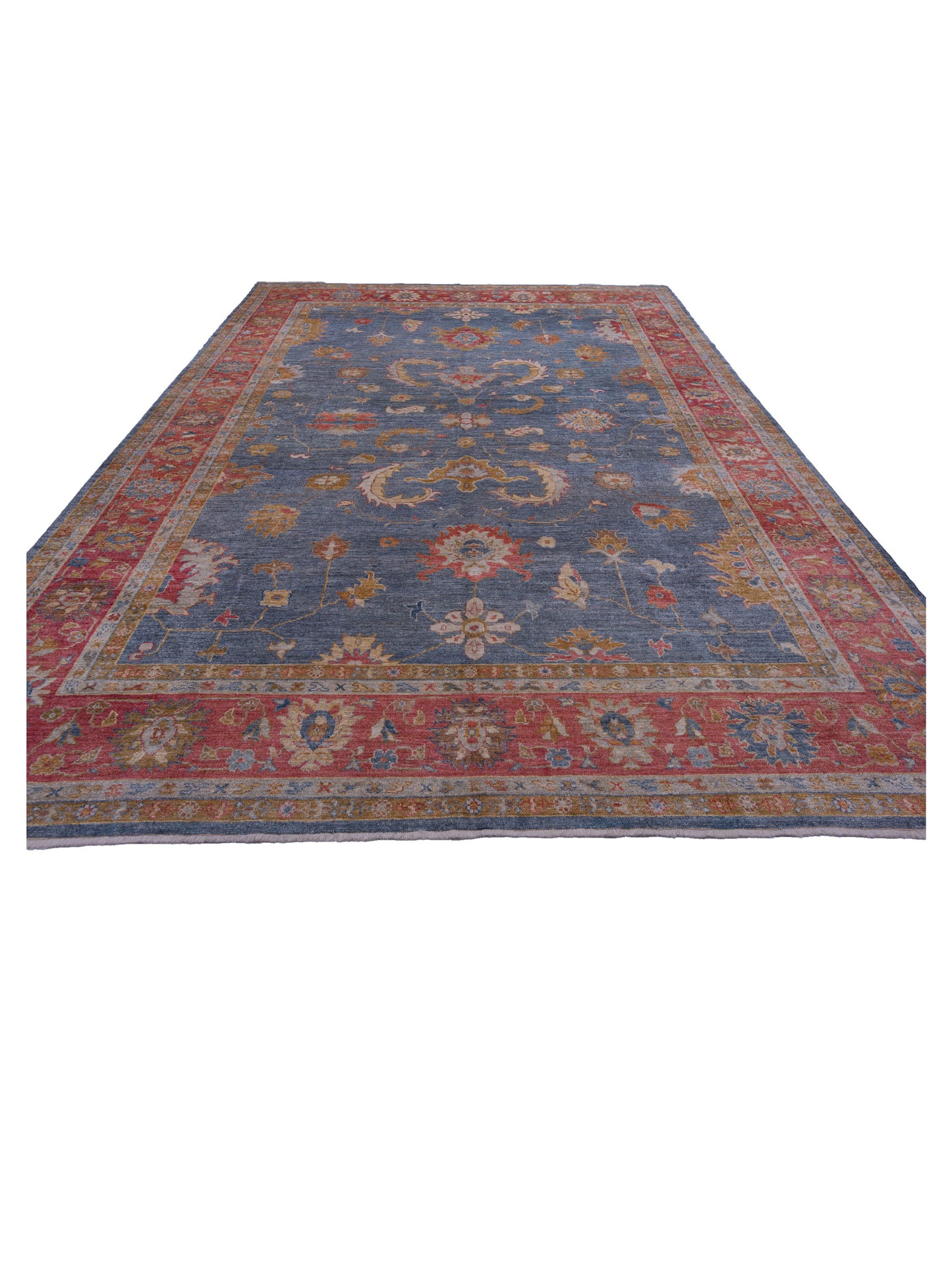 Angora Oushak 144594 Teal Blue Red 12.7x16.11 Hand Knotted Rug