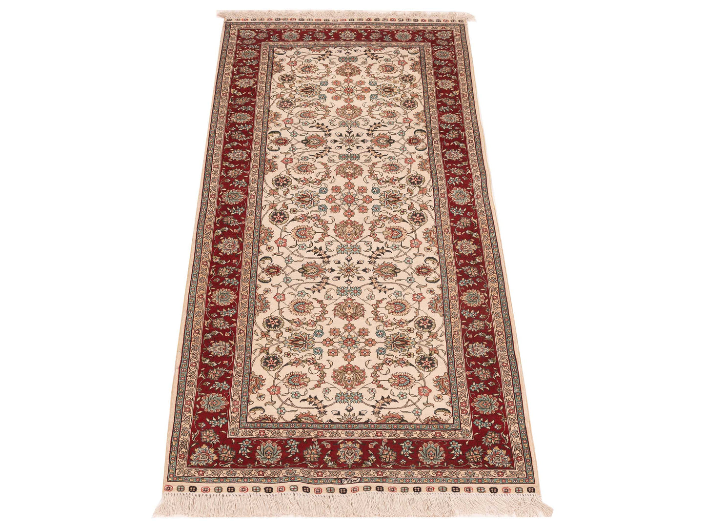 Pure Silk 118054 Ivory Red 2.7x6.1 Hand Knotted Rug