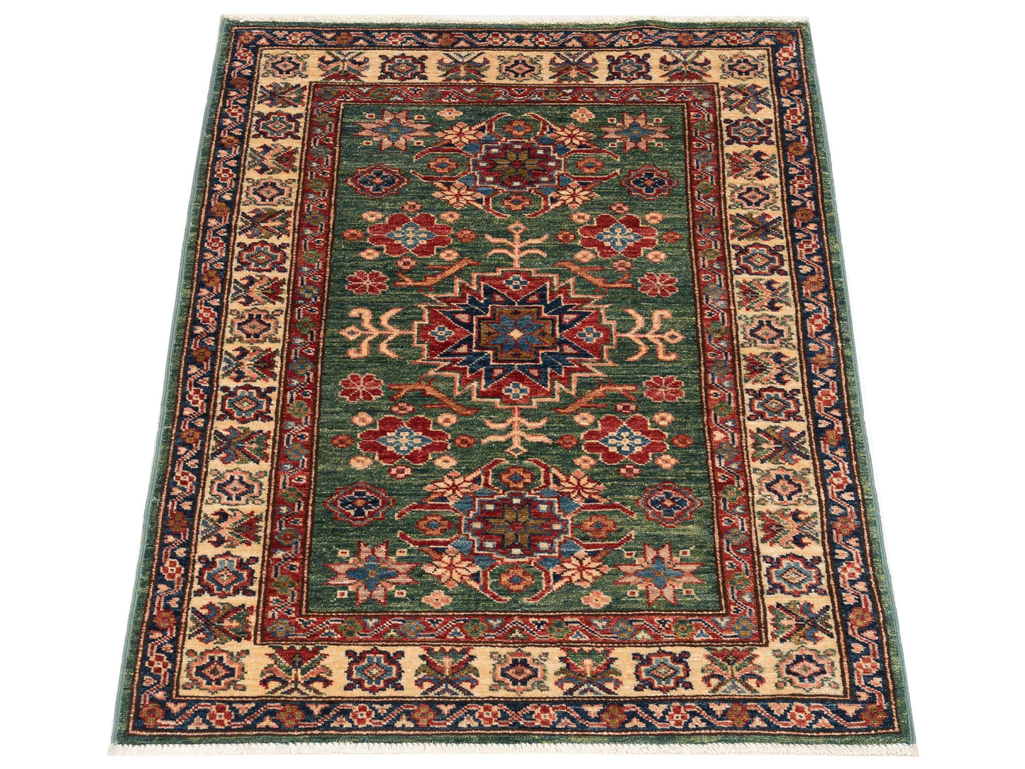 Artisan Kazak 148922 Green Ivory 2.10x3.11 Hand Knotted Rug