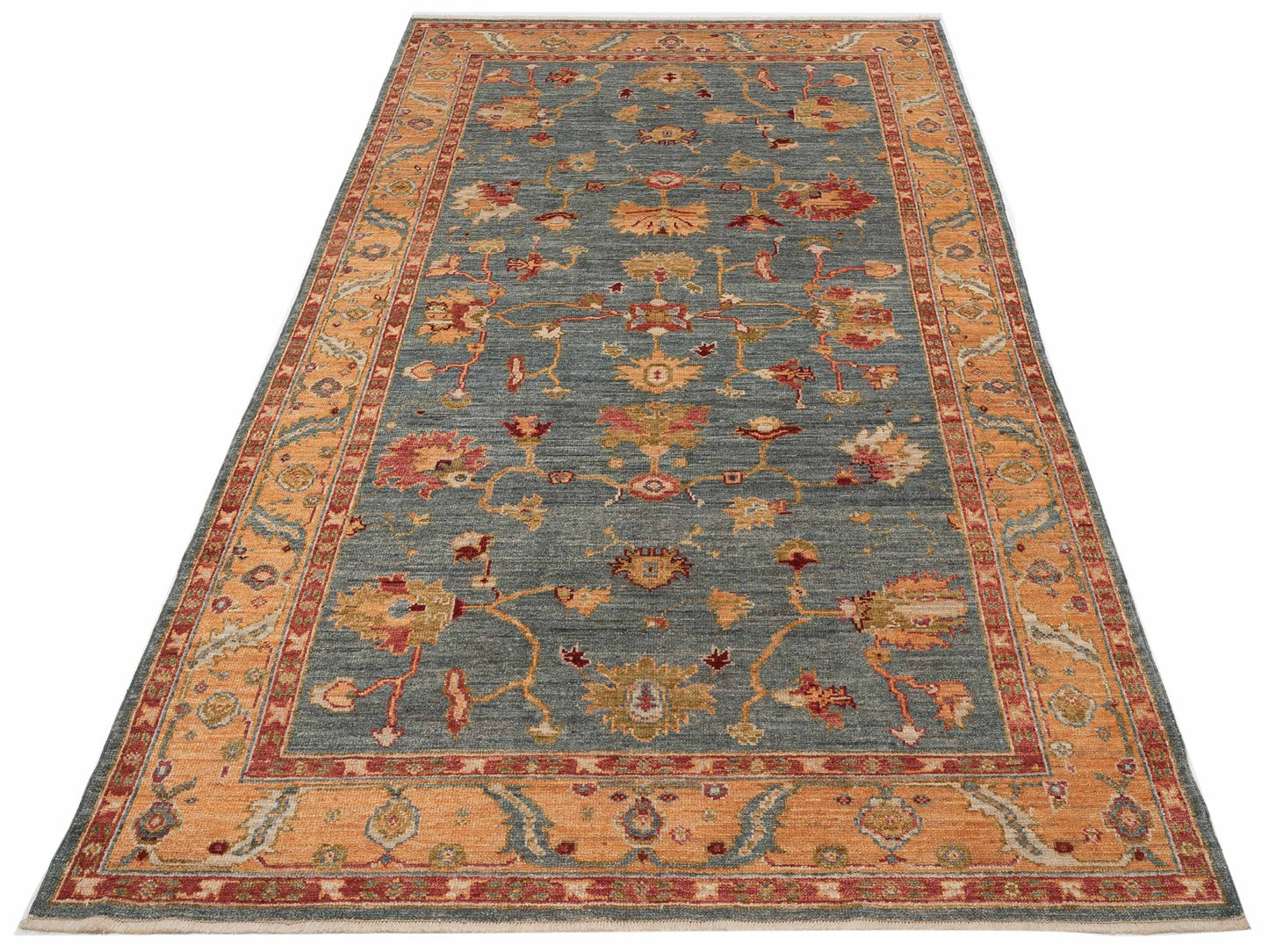 Angora Oushak 134541 Teal Blue Gold 6.3x12 Hand Knotted Rug