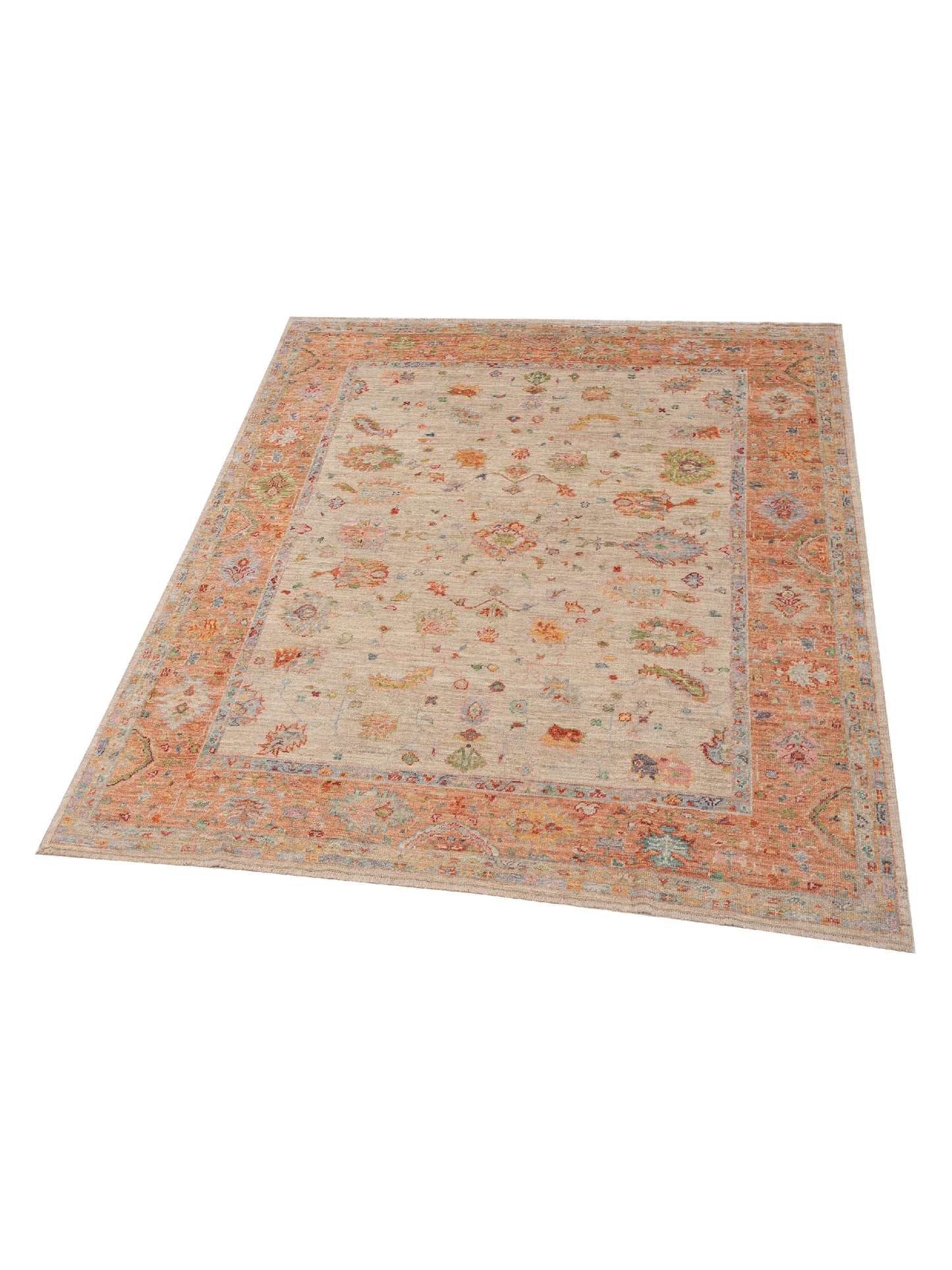 Angora Oushak 149278 Teal Blue Cream 8.1x9.8 Hand Knotted Rug