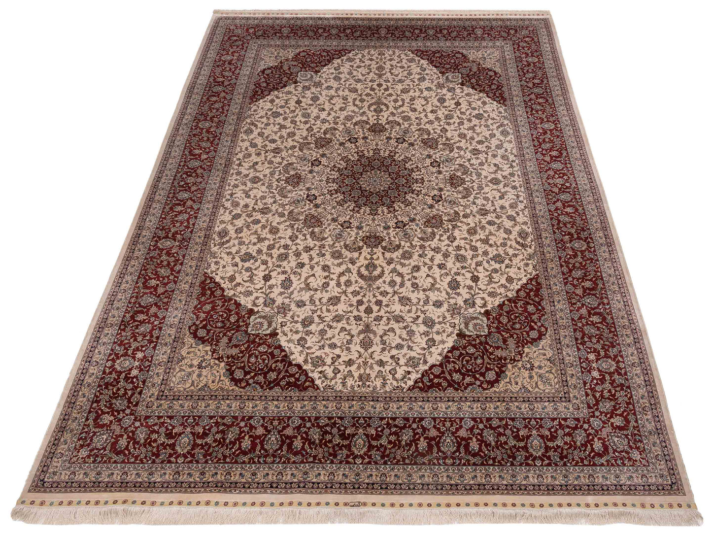 Pure Silk 117823 Ivory Red 8.4x11.7 Hand Knotted Rug