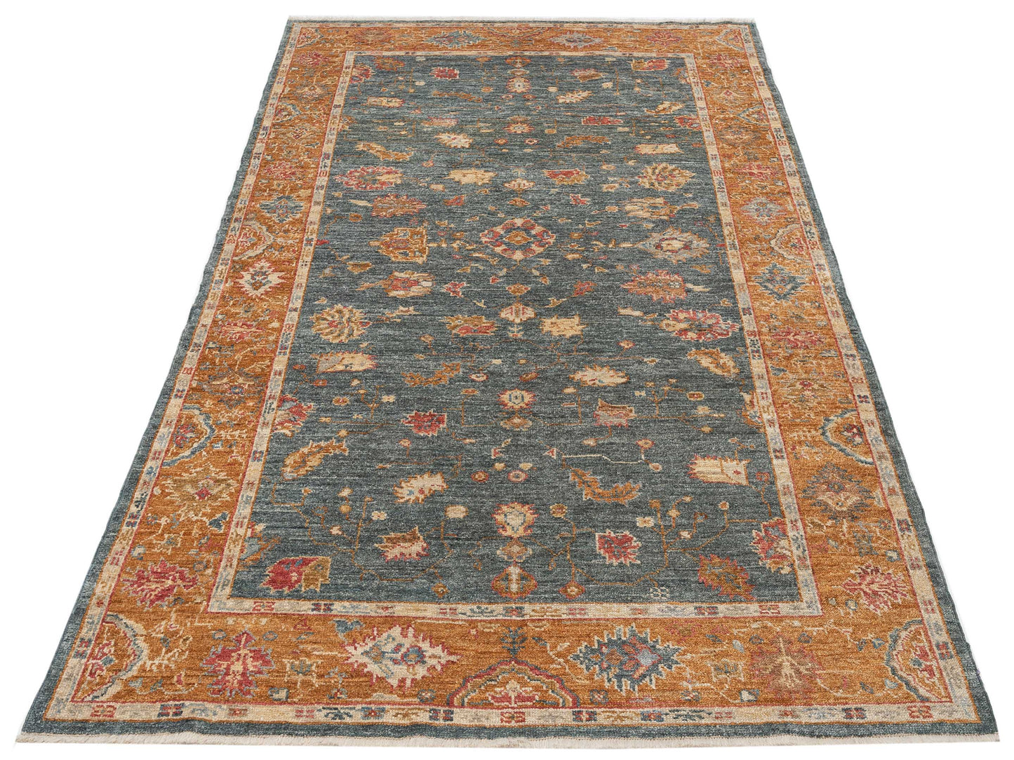 Angora Oushak 144540 Teal Blue Orange 6.4x11 Hand Knotted Rug