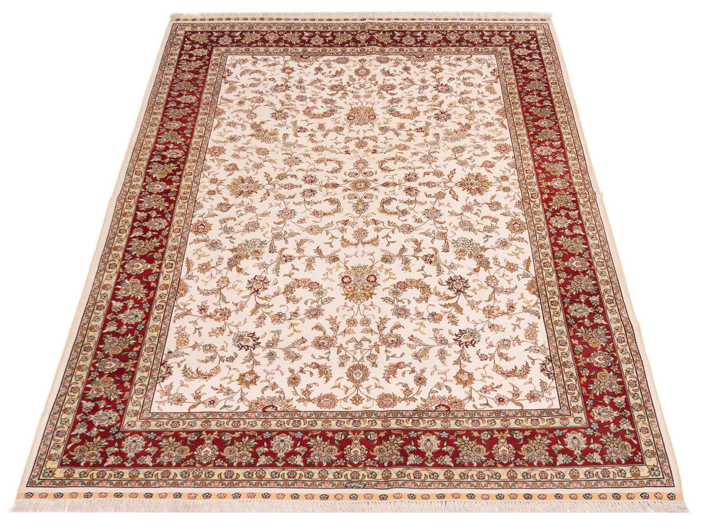 Pure Silk 109747 Ivory Red 5.1x7.9 Hand Knotted Rug