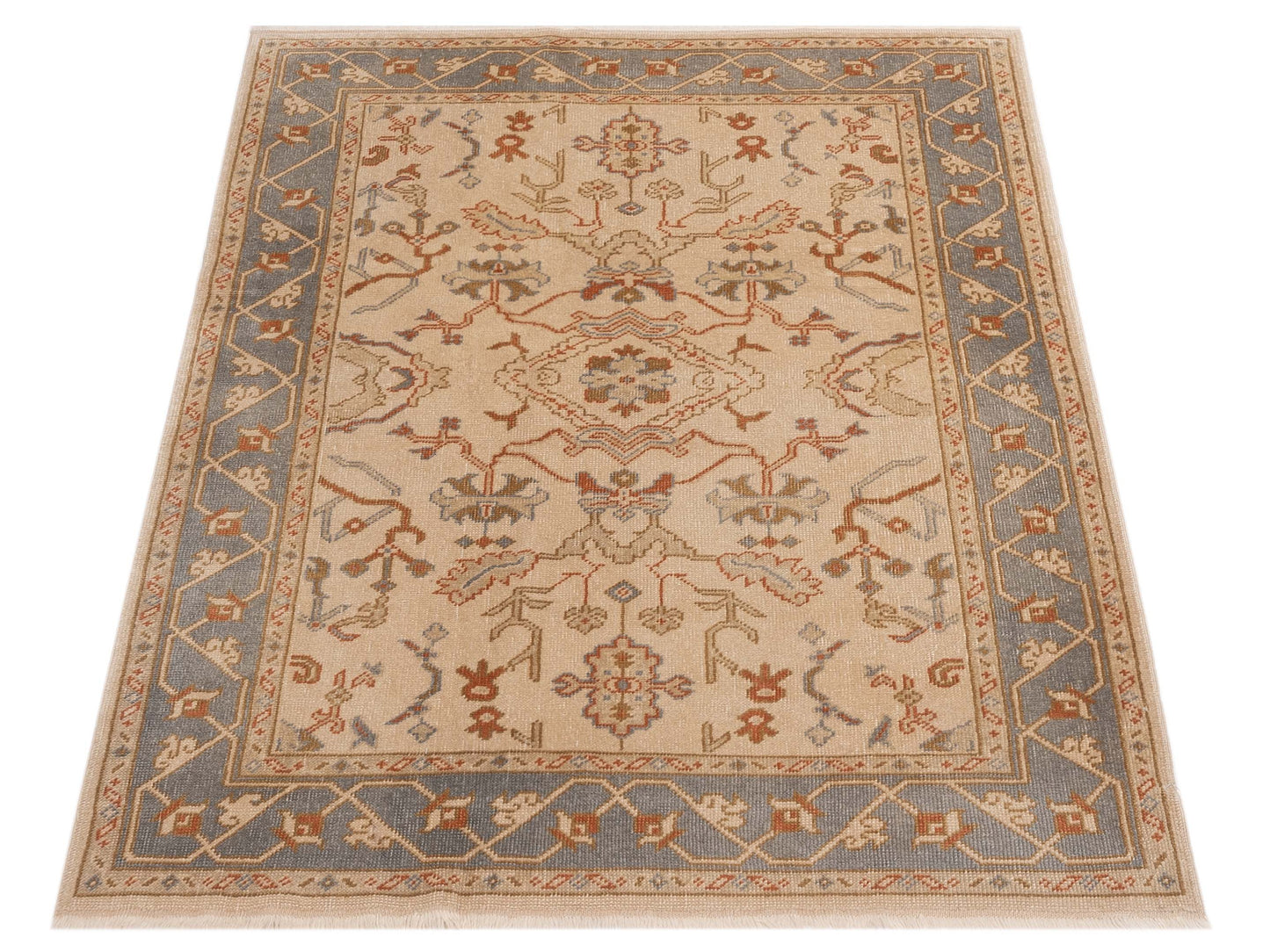 Anadol Oushak 129711 Ivory Blue 5.2x6.10 Hand Knotted Rug