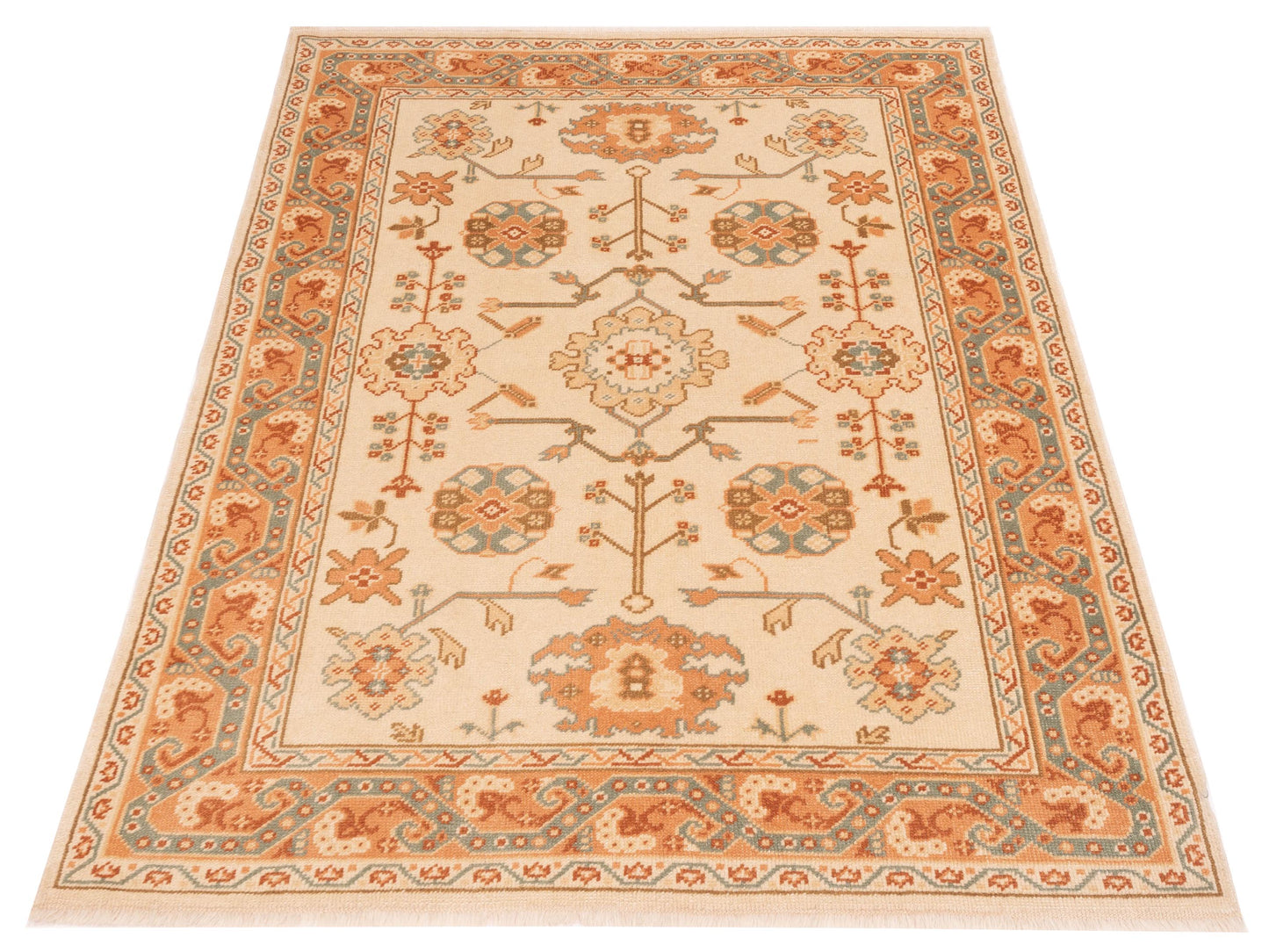 Anadol Oushak 129718 Ivory Pink 5.4x6.7 Hand Knotted Rug