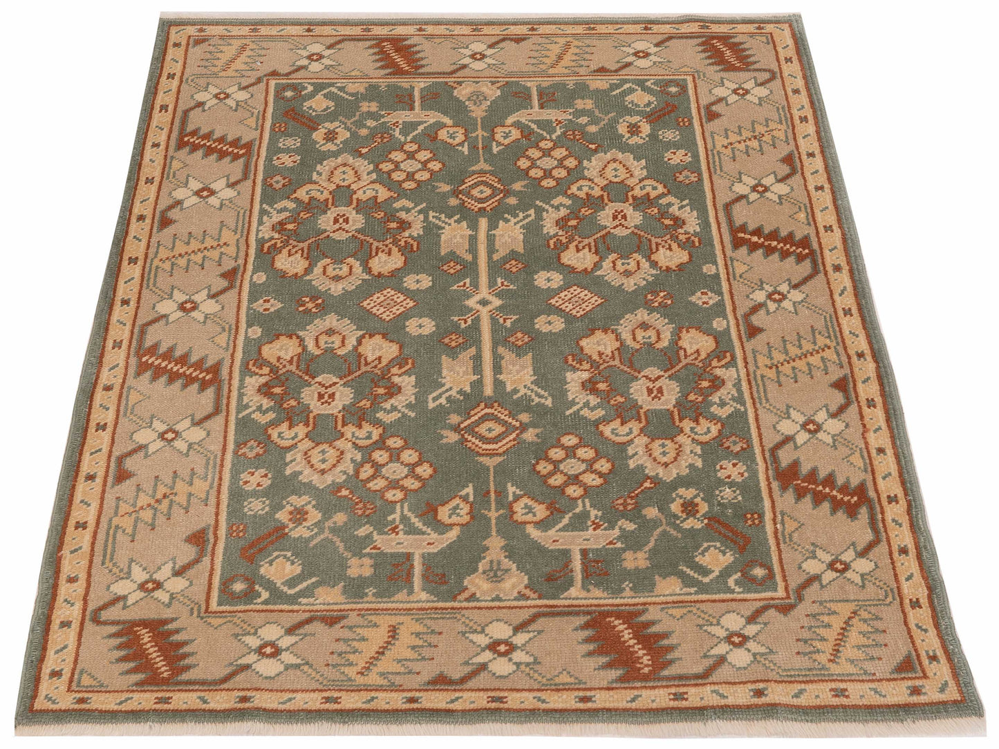 Anadol Oushak 129721 Green Ivory 4.2x5.9 Hand Knotted Rug