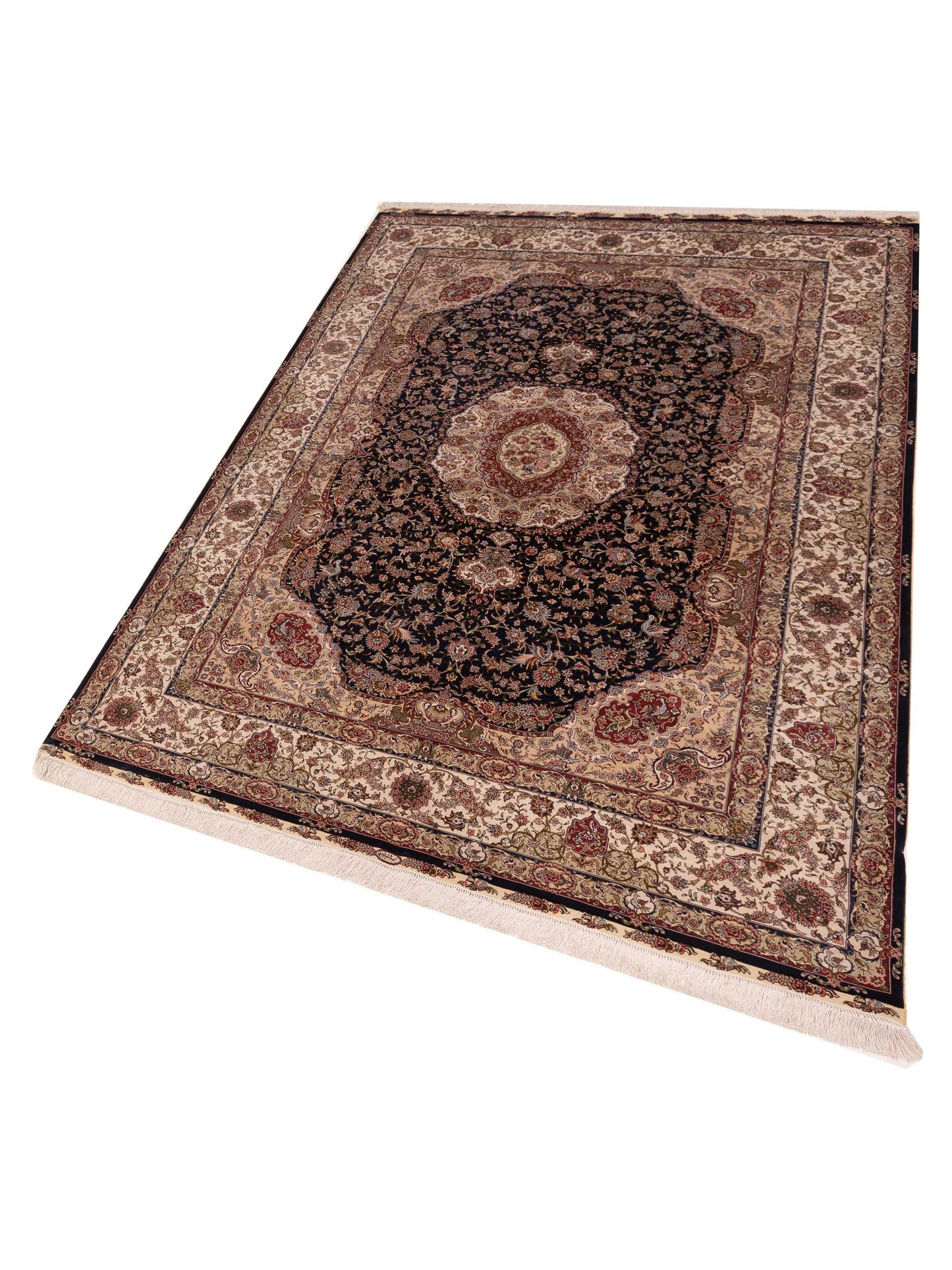 Pure Silk 125295 Navy Ivory 6.1x9.2 Hand Knotted Rug