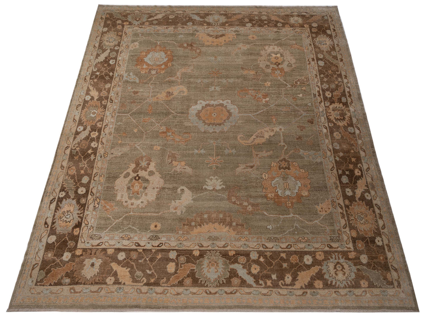 Angora Oushak 118135 Green Brown 12.2x13 Hand Knotted Rug