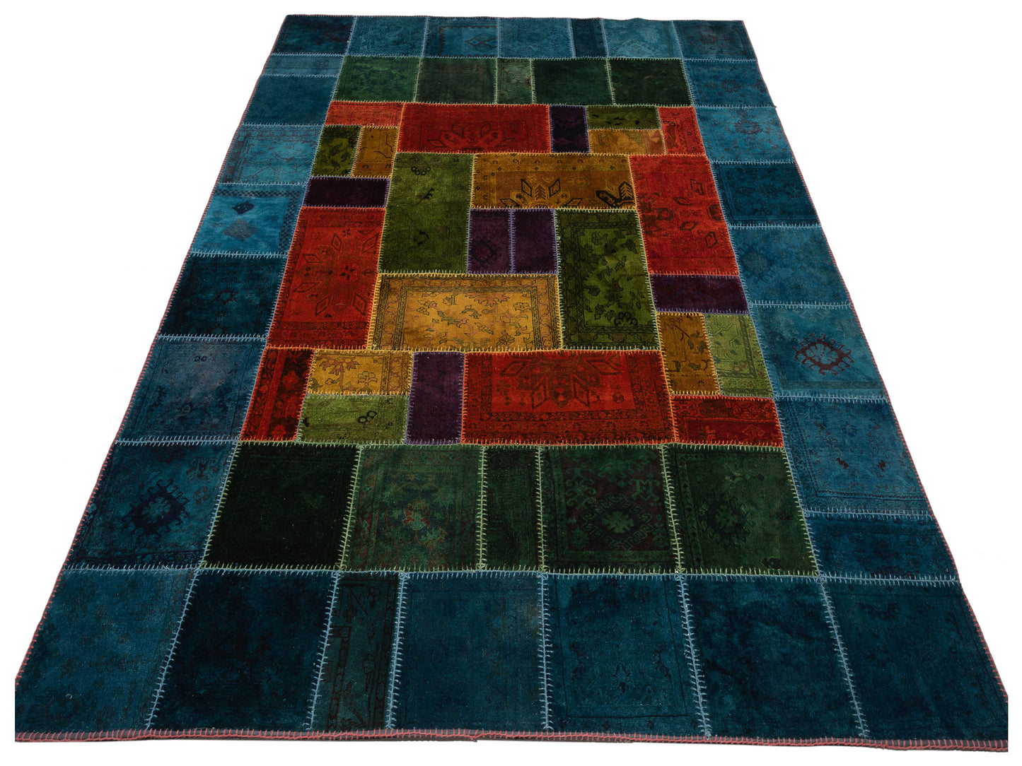 Turkish Vestige Patchwork 114230 Blue Green 9.8x12.8 Hand Knotted Rug