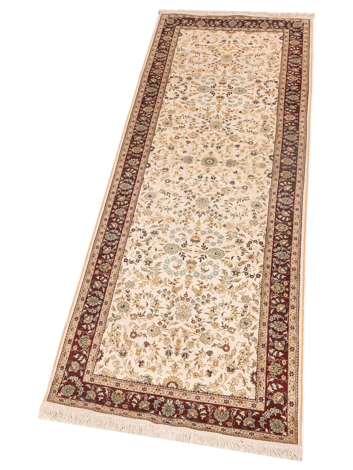 Pure Silk 122460 Ivory Red 2.7x8.2 Hand Knotted Rug