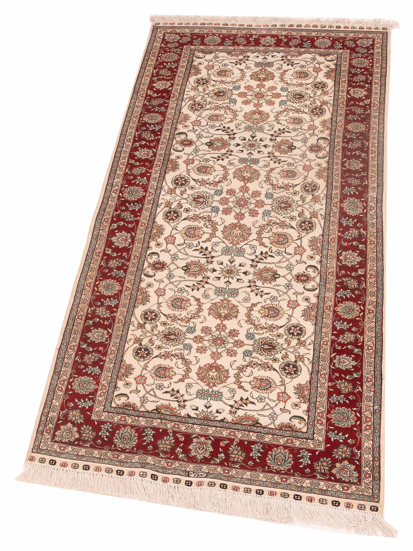 Pure Silk 118054 Ivory Red 2.7x6.1 Hand Knotted Rug