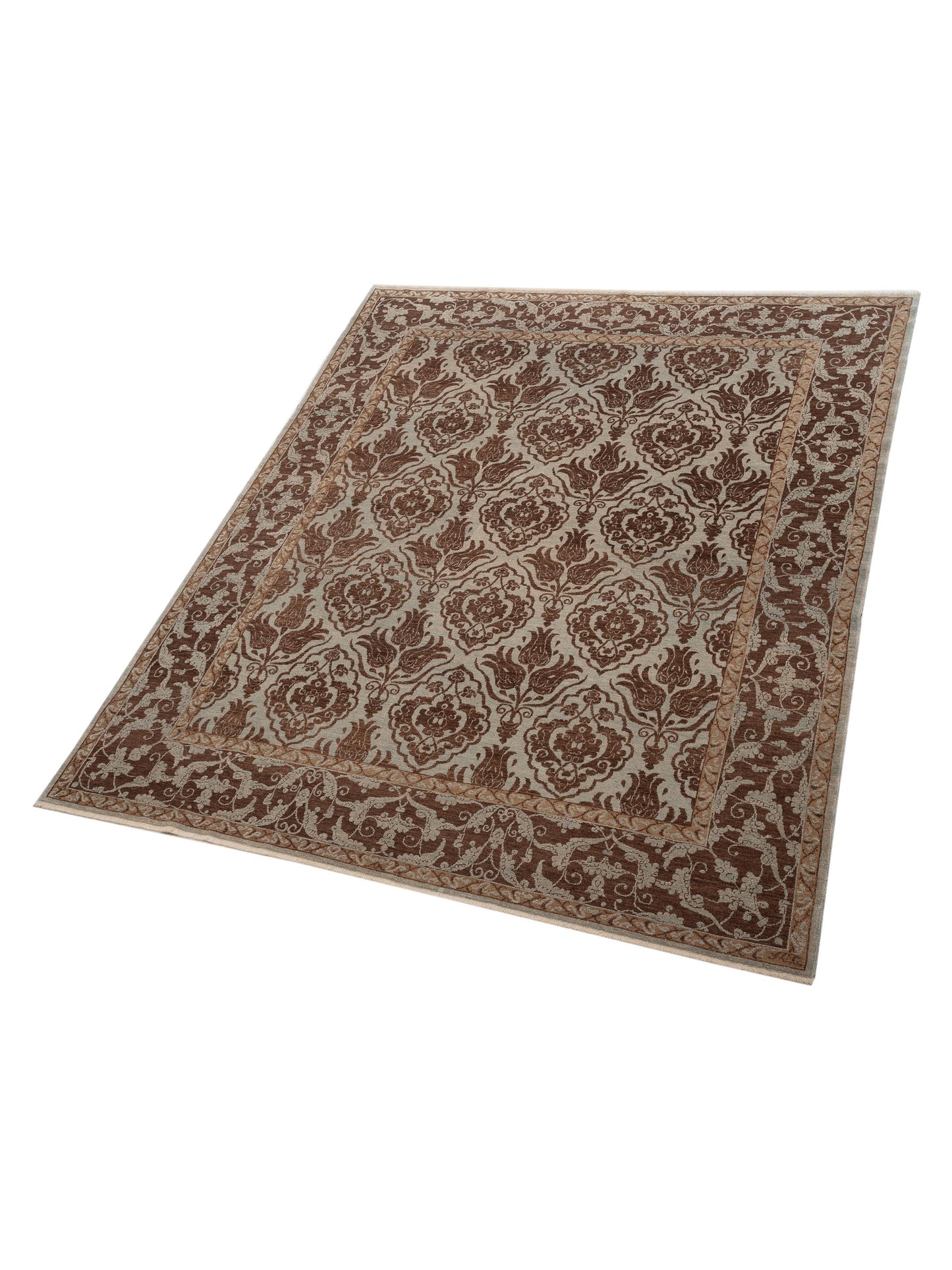 Defne Tulip Ice Blue Brown 8.6x10.1 Hand Knotted Rug