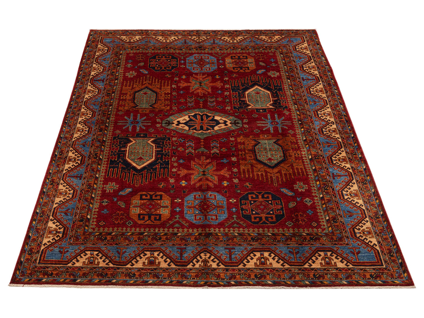 Artisan Kazak 151860 Red Blue 8.3x9.11 Hand Knotted Rug