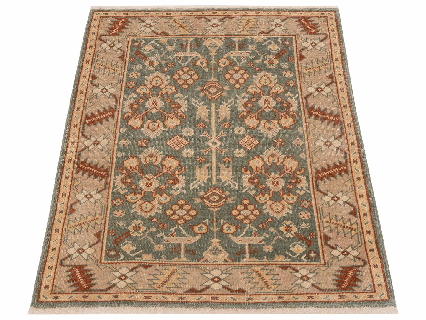 Anadol Oushak 129724 Green Camel 4.2x5.5 Hand Knotted Rug