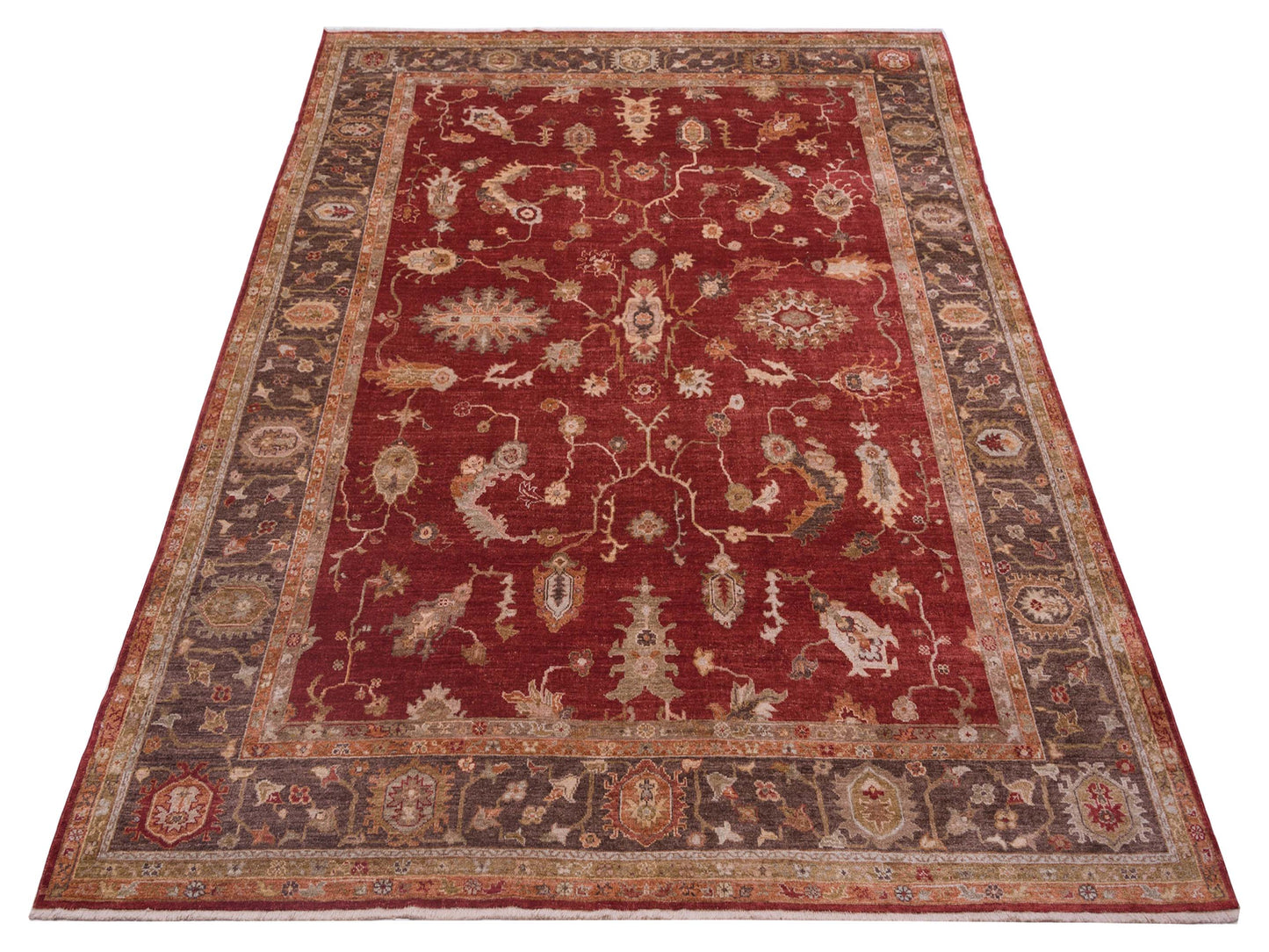 Angora Oushak 128371 Red Dark Brown 11.8x13.11 Hand Knotted Rug